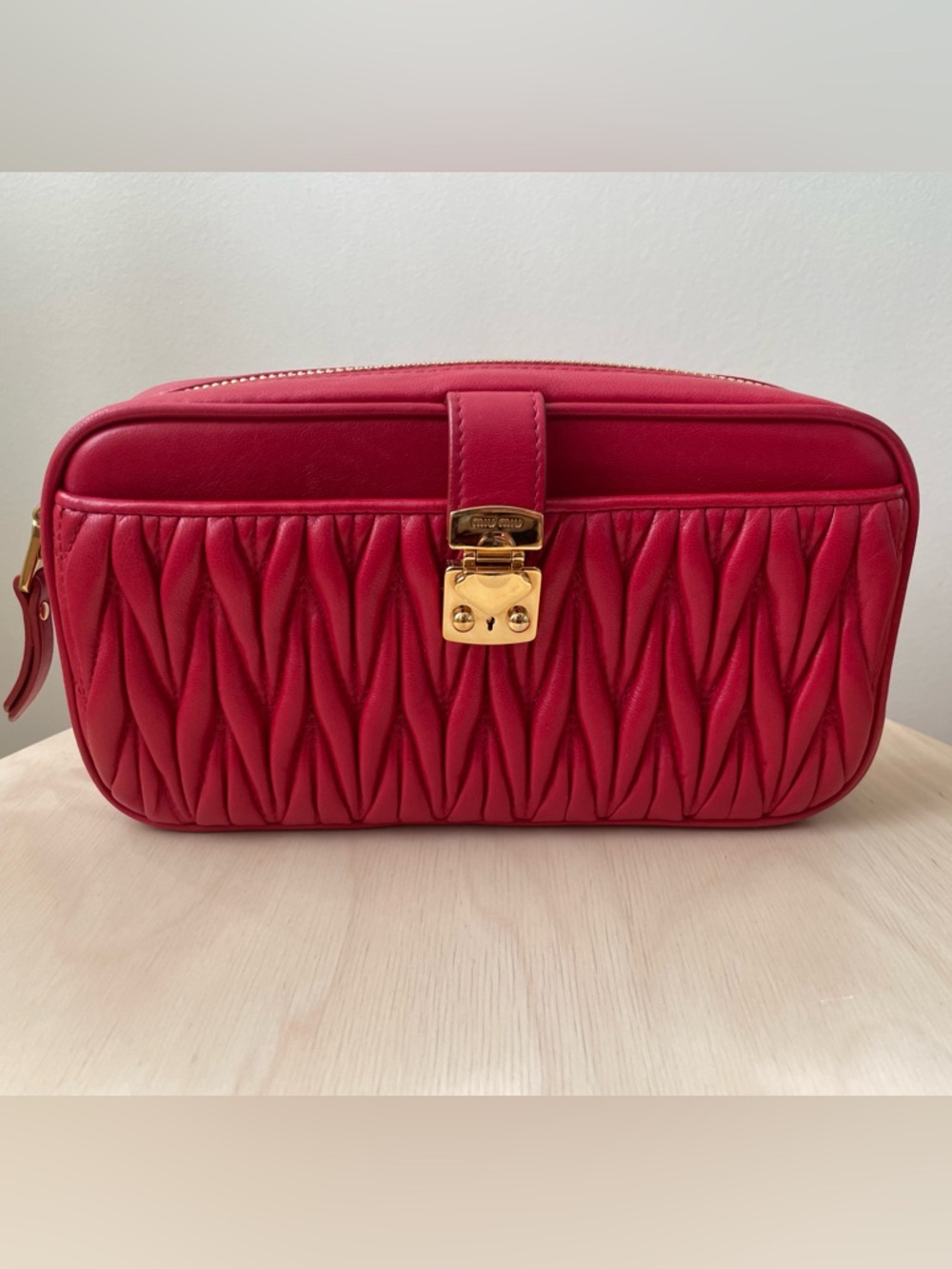 Miu Miu Nappa Matelasse Zip Shoulder Bag with Gold Hardware in Fuoco (Red)